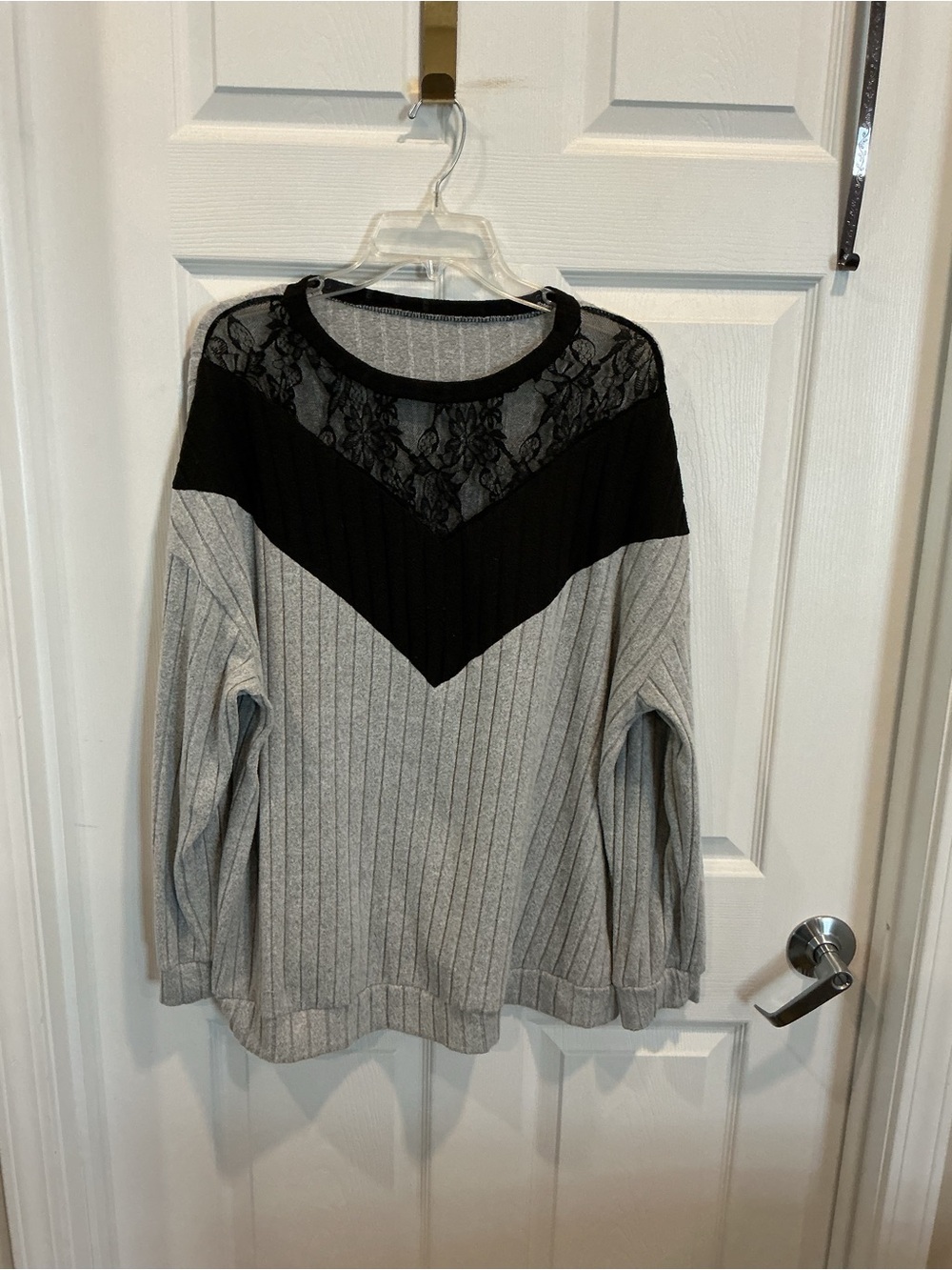 Gray and Black Lace Yoke Ribbed Long-Sleeve Top
